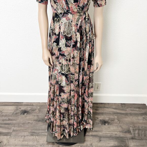 [Hemant & Nandita] Sion Maxi Wrap Dress Metallic Gold Puff Sleeves V-Neck Sz XS - Picture 8 of 14